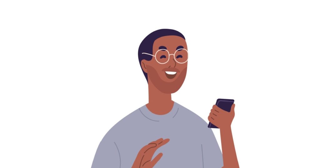 Laughing casual black skin guy reading funny information at smartphone vector flat illustration. Smiling bearded man in glasses holding mobile having joyful face expression isolated on white