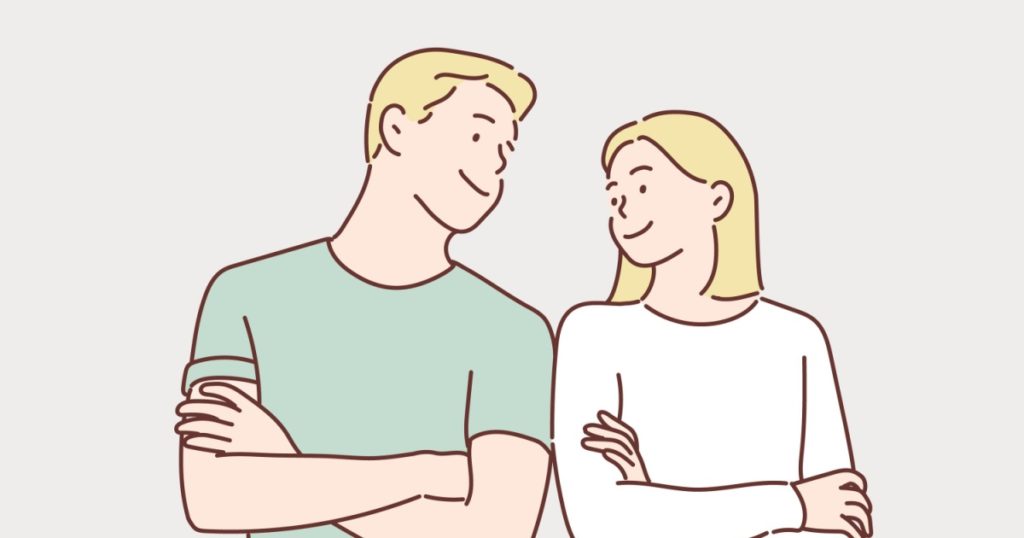 Portrait of a cheerful young couple standing with arms folded and looking at each other. Hand drawn style vector design illustrations.