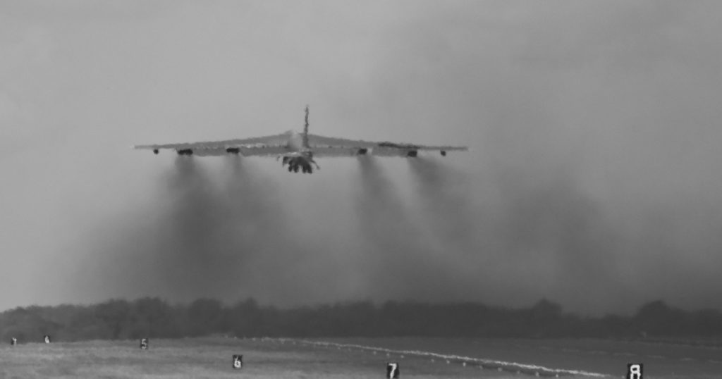 RAF FAIRFORD, GLOUCESTERSHIRE, UK - JUNE 12: Boeing B-52H Stratofortress heavy bomber taking off on June 12, 2014 at RAF Fairford, Gloucestershire, UK.