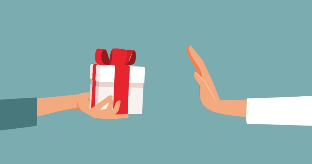 Hand Refusing Bribe Gift Vector Conceptual Illustration. Person rejecting an unsolicited unwanted bribery present
