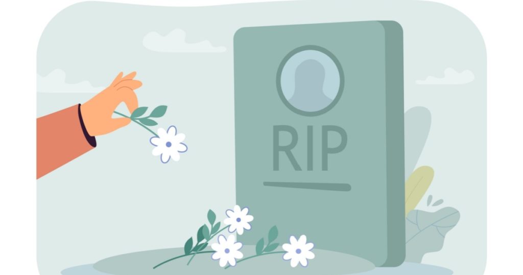 Hand putting flowers on tombstone flat vector illustration. Person mourning and visiting cemetery. Funeral ceremony, memorial, grave concept for banner, website design or landing web page