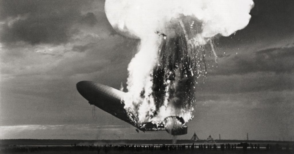 Left side view of German airship 'Hindenburg' burning, at Lakehurst, N.J., May 6, 1937. Hindenburg used flammable hydrogen for lift, which incinerated the airship in a massive fireball in less than 30