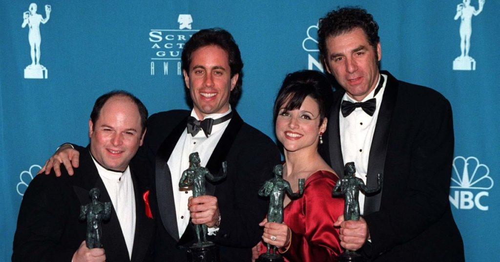22FEB97: Seinfeld stars JASON ALEXANDER (left), JERRY SEINFELD, JULIA LOUIS DREYFUS & MICHAEL RICHARDS with their Screen Actors Guild Awards for Comedy TV Series Ensemble.