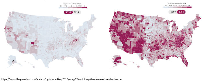 Maps showing deaths due to drug overdose.