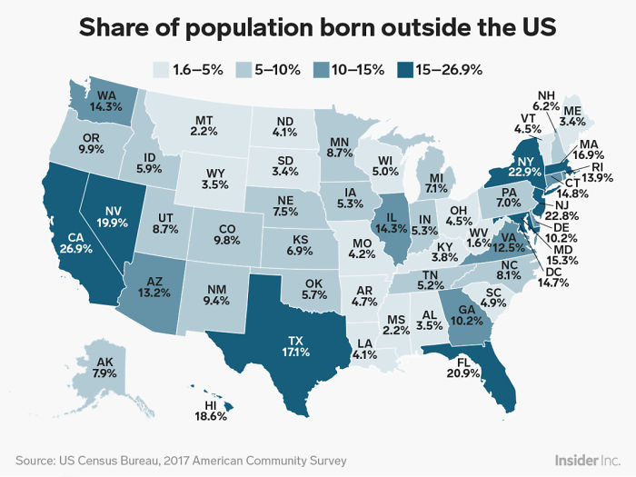 Map showing percentage of people born outside the United States