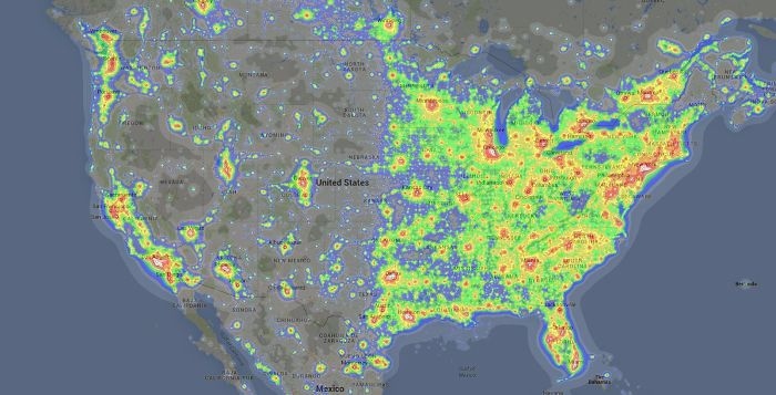 Map showing the light pollution in the USA