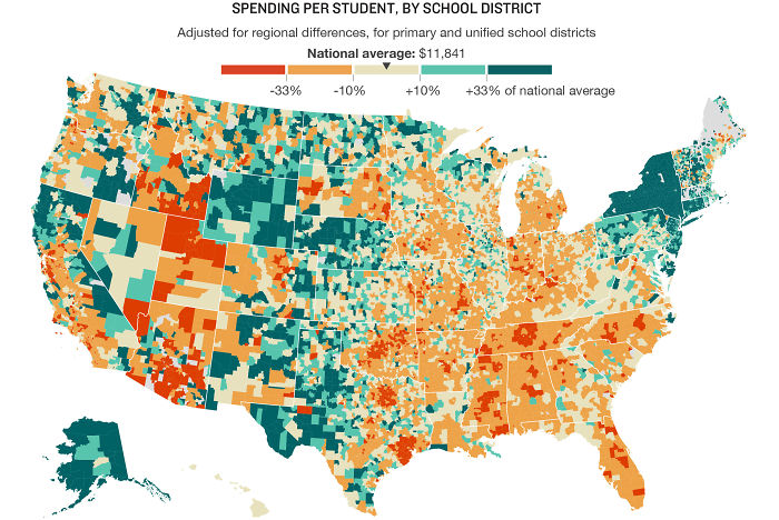 Map showing spending on education compared to the national budget.