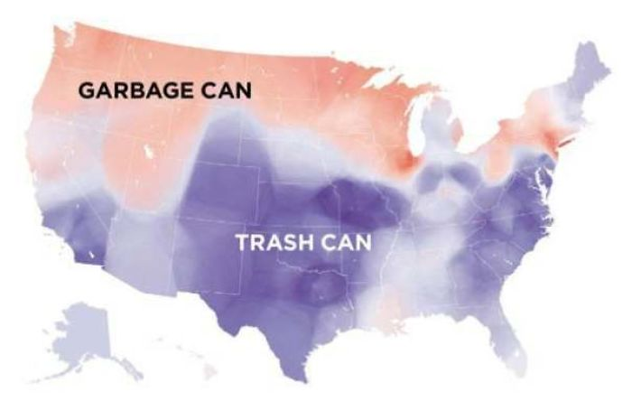 Map showing the usage of term garbage can vs trash can