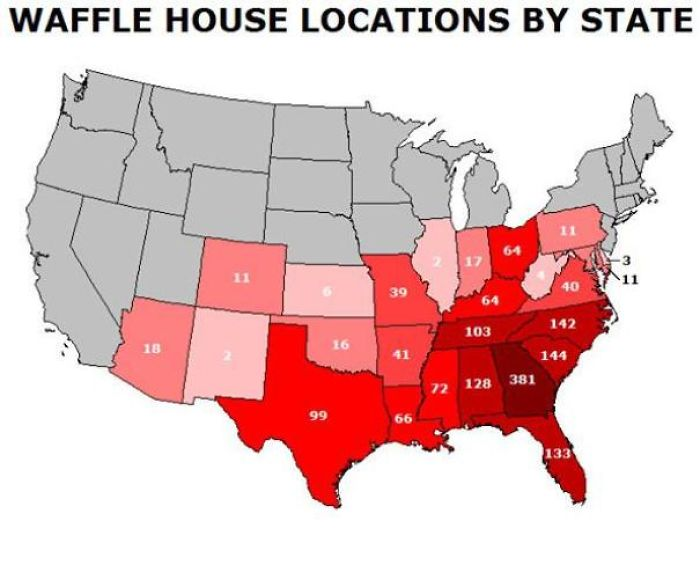 Number of waffle house outlets per state