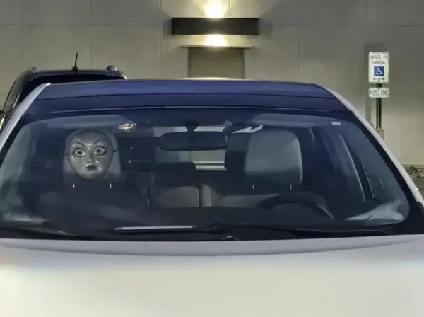 A car set up with a mask on the driver's seat.