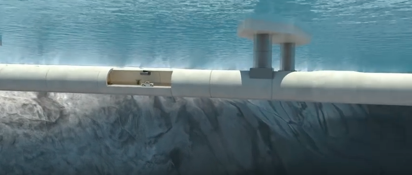 An artist's visualization (with cutaway) of a floating tunnel in Sognefjord