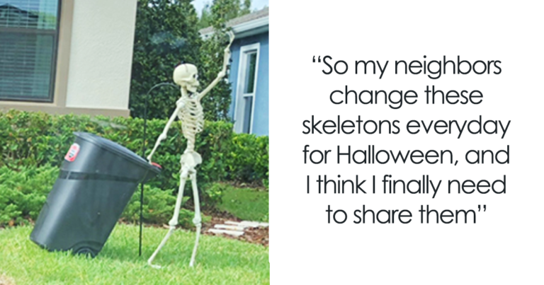 Girl Notices Her Neighbor’s Halloween Skeletons Are Playing Out A New Scenario Every Day, And It’s Hilarious - Featured image