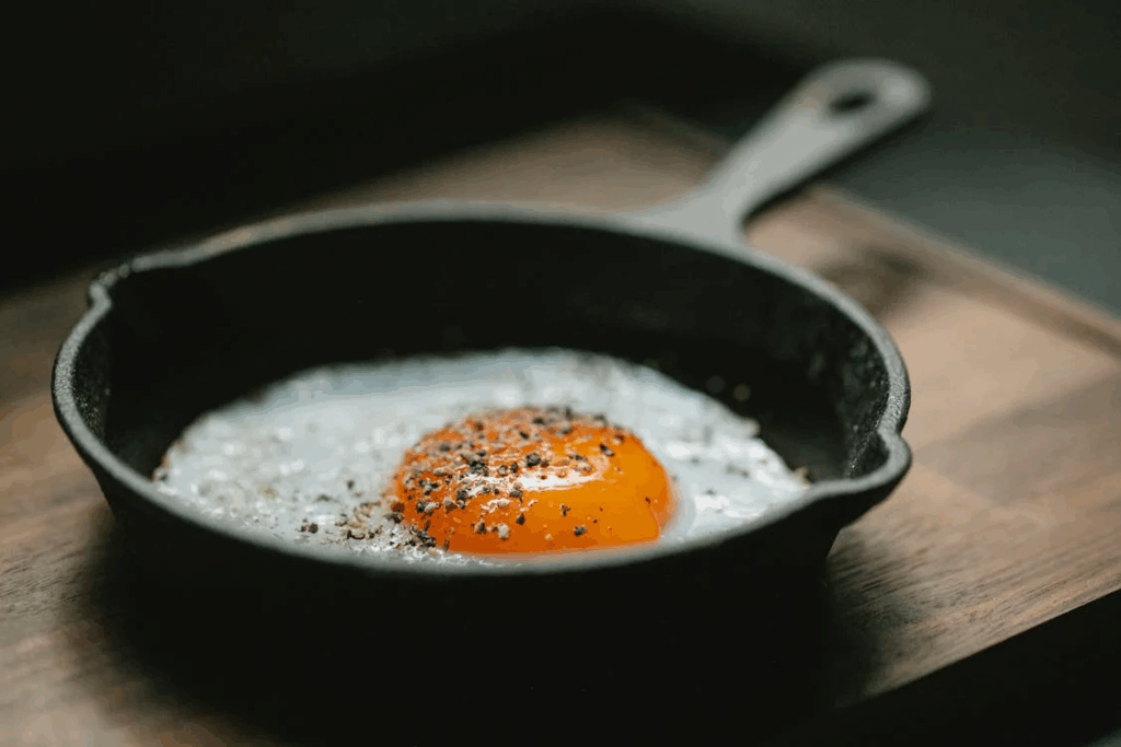 fried egg on cast iron pan