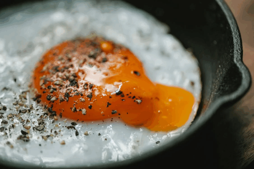 Fried egg with condiment in frying pan

