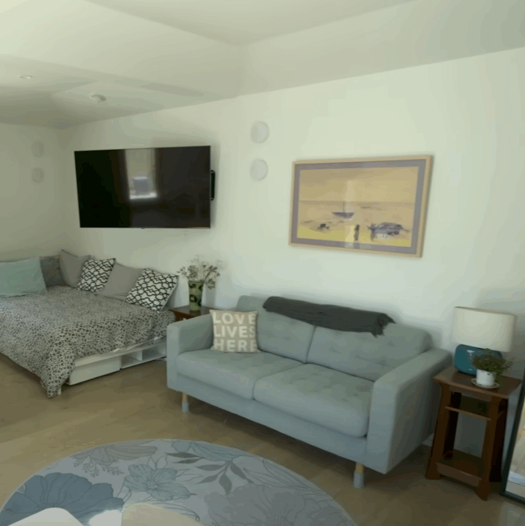 blue couch and bed