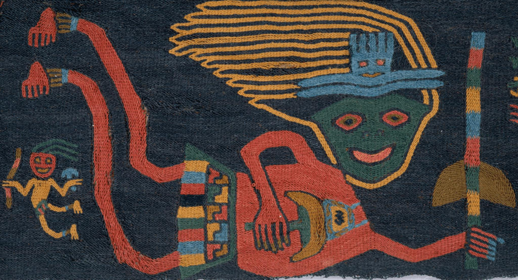 Paracas border, flying man detail. This is a famous motif from the Paracas Necropolis burial textiles. Dates to 450–175 BCE but it is in pristine condition. The field of view is about 10 inches (25.4 cm) wide. The entire textile can be viewed at Metropolitan Museum website