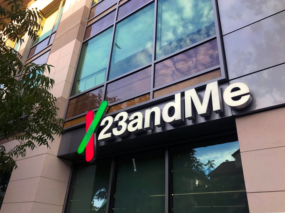 MOUNTAIN VIEW, CALIFORNIA / USA - October 2, 2018: A logo sign of 23andMe outside of the headquarters. The company is an American personal genomics and biotechnology company based in Silicon Valley