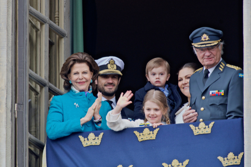 STOCKHOLM, SWEDEN - APRIL 30, 2018: King Carl XVI Gustaf 72 years old. On the balcony, Queen Silvia, Prince Carl Philip, Princess Estelle, Prince Oscar, Crown Princess Victoria, King Carl XVI Gustaf.
