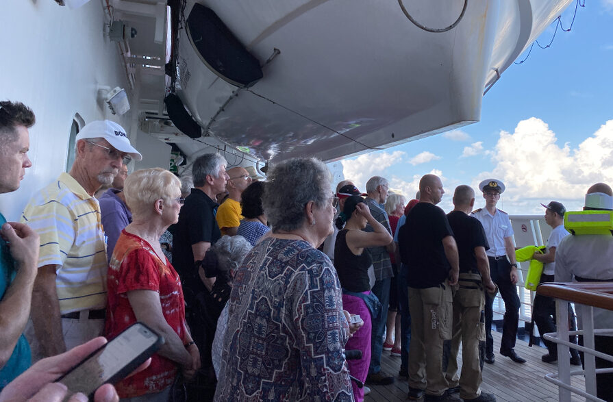 Ft. Lauderdale, FL/USA-10/30/19: A cruise ship muster drill where all passengers and crew are to report to their assembly station is in case of emergency.