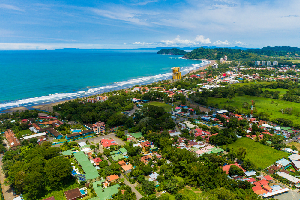 Aerial view of Jaco Beach, Costa Rica. In the rainy season everything is very green.