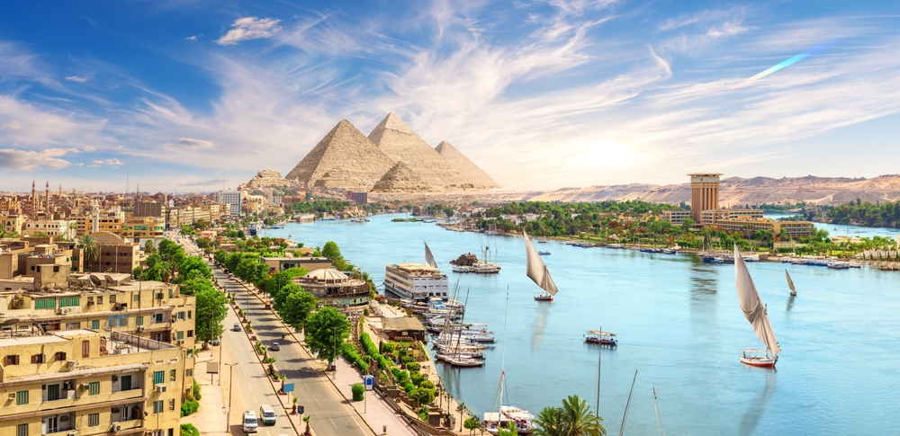 Pyramid Complex in Aswan city by the Nile, aerial view, Egypt
