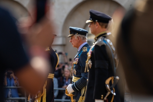 London, UK 14-09-22 King Charles III follows the Queen's coffin during the procession from Buckingham Palace to the Palace of Westminster