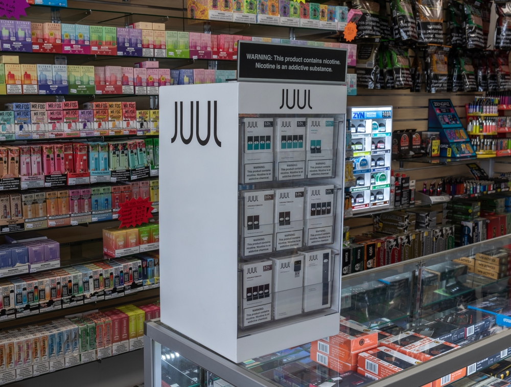 Lafayette - June 21, 2023: Juul e-cigarette display. Juul Labs has been accused of contributing to the rise of vaping among youth.