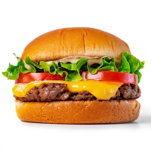 Cheeseburger, delicious cheeseburger with cutlet, cheese, tomato, burger for fast food menu isolated on white background