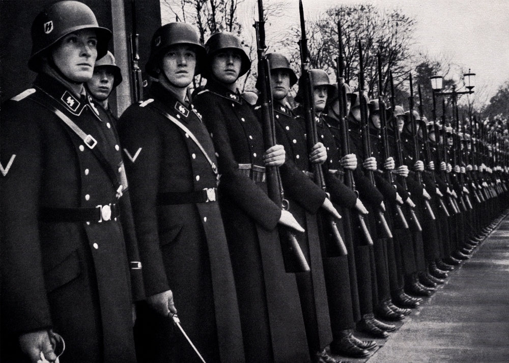 Nuremberg, Germany – March 5, 2024: In the 1935 vintage, a published photograph of Leibstandarten Adolf Hitler, the leader of Nazi Germany, was used.