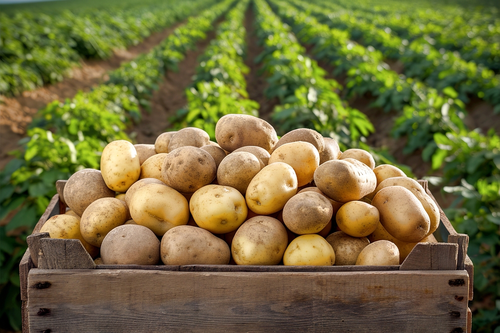 Fresh potatoes in a wooden box