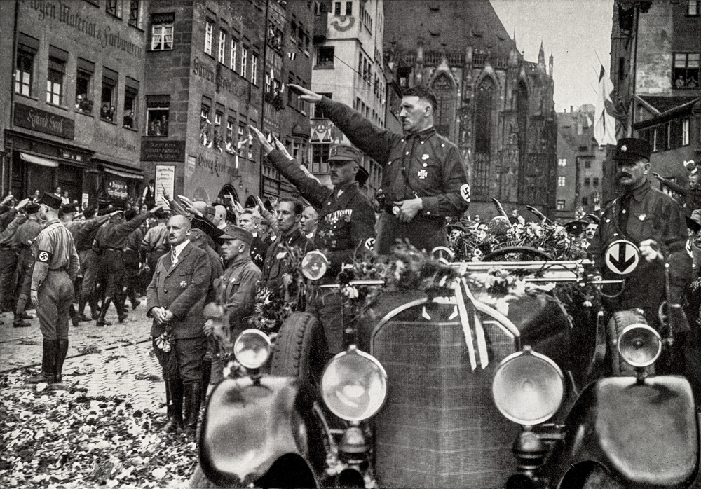 Nuremberg, Germany - August 9, 2024: An old published photo from the 1930s of Adolf Hitler, leader of Nazi Germany, on the third day of the party conference in 1929.