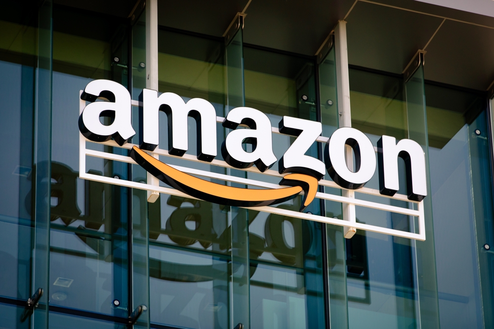 Palo Alto, California US - August 24, 2024: Closeup of Amazon logo on the company office building in Palo Alto, Silicon Valley, San Francisco Bay Area. Amazon sign on glass modern office building wall