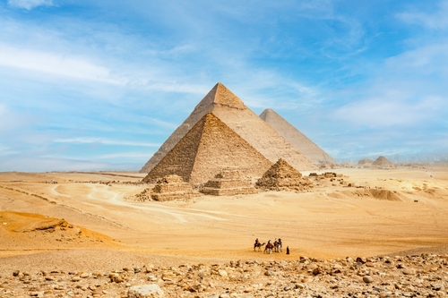 Egypt. Cairo - Giza. General view of pyramids from the Giza Plateau (three pyramids known as Queens' Pyramids on front side