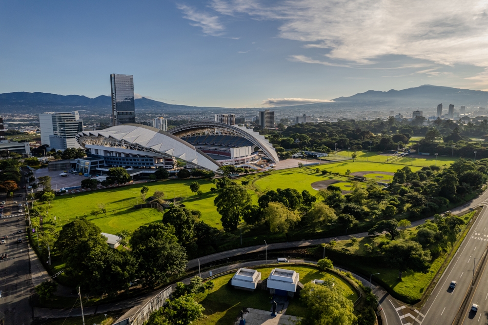 San Jose, San Jose, Costa Rica -10 10 2024: Beautiful aerial view of San Jose Downtown City, and the Sabana metropolitan Park In Costa Rica