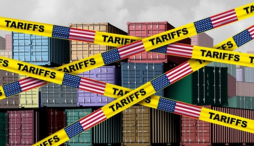 American tariffs and US government taxation or punative tariff trade war policy or duties imposed on imports and exports on imported or exported goods as Protectionism as a 3D illustration.