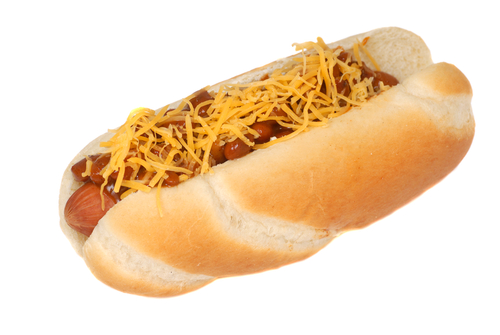 Freshly grilled chili hot dog with cheese