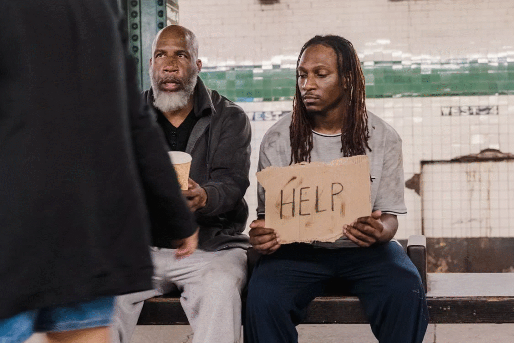 man holding sign saying help