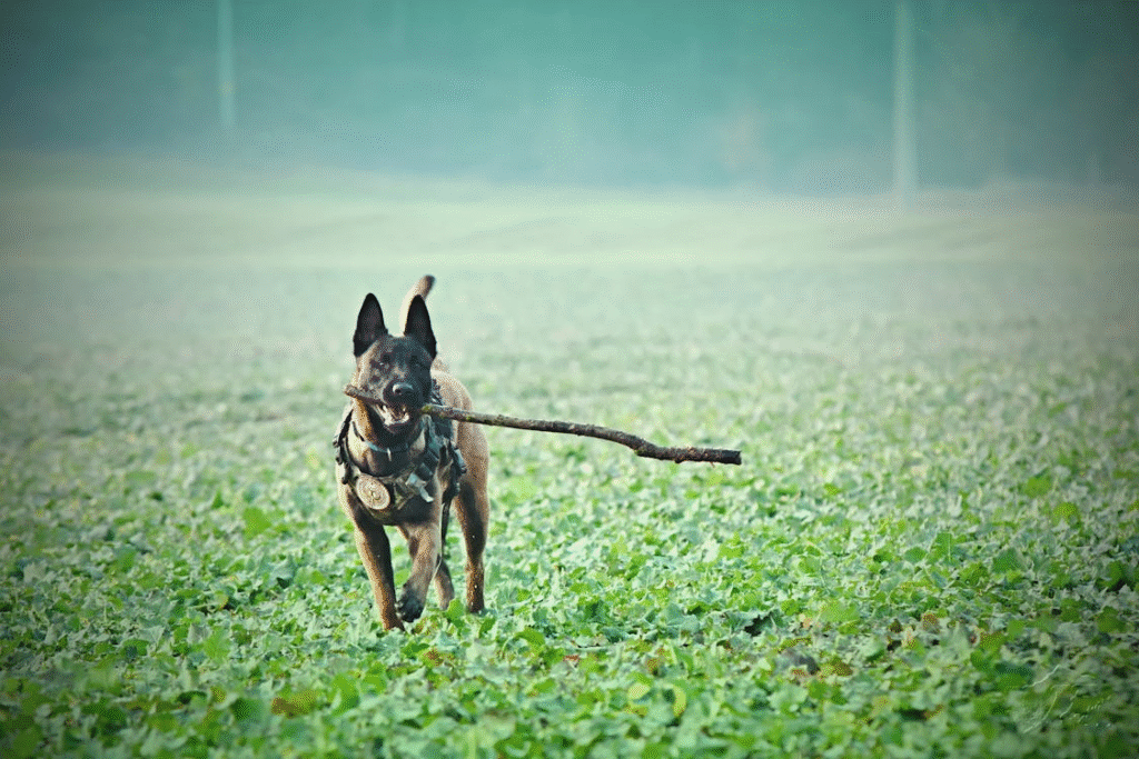 Belgian Malinois running with stick