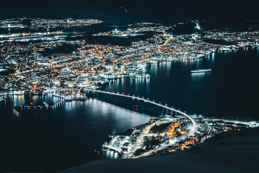 Stunning Night Aerial View of Tromsø in Winter