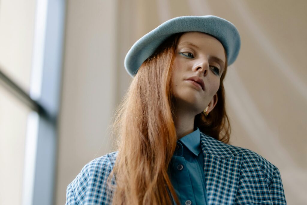 Woman in Blue Beret Wool Hat