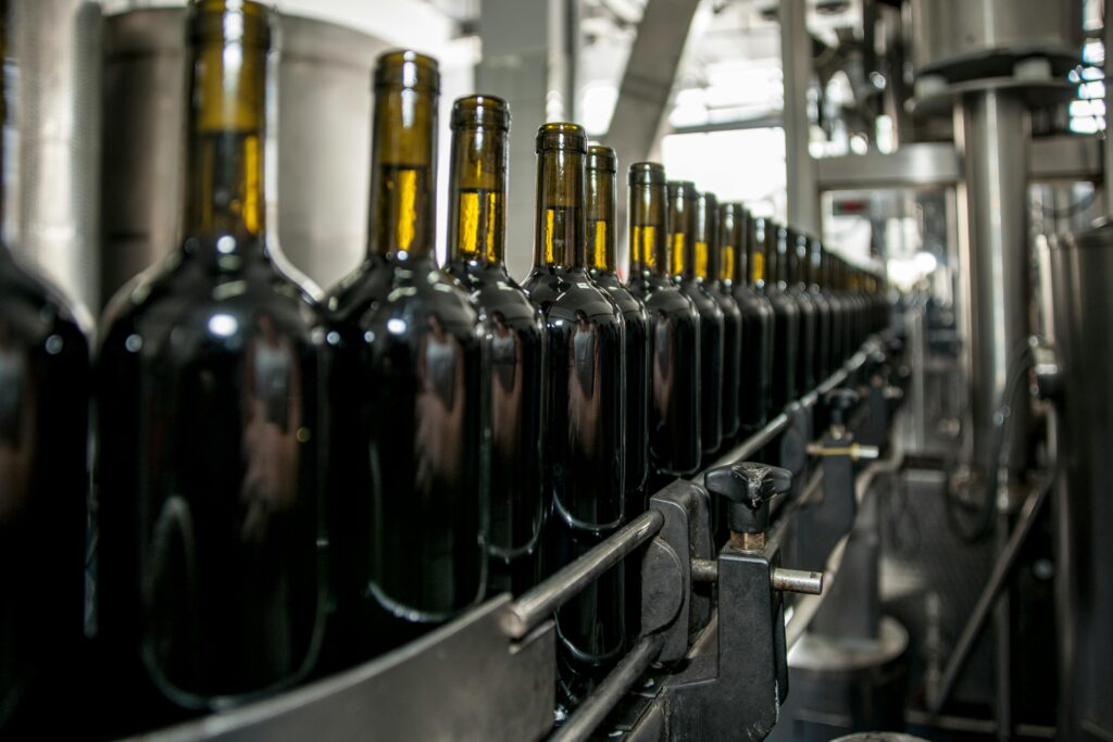 wine bottles in production