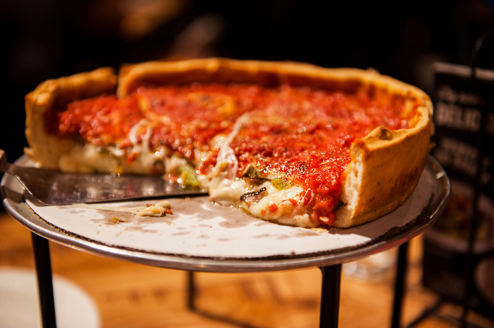 Chicago Style Deep Dish Cheese Pizza with Tomato Sauce.