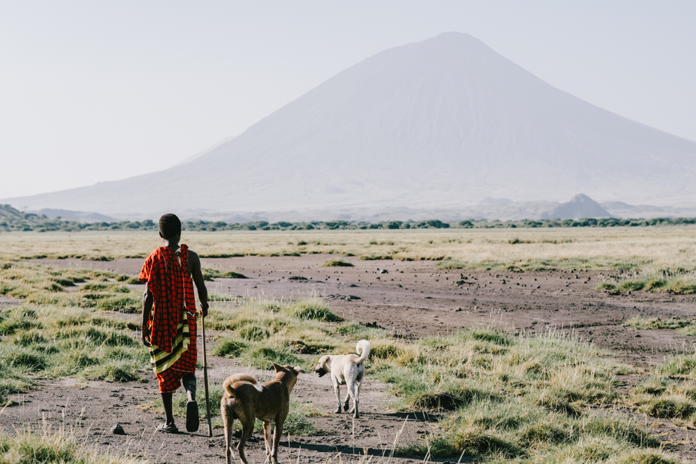 Maasai man walking with dogs near Lake Natron and Lengai volcano, Tanzania
