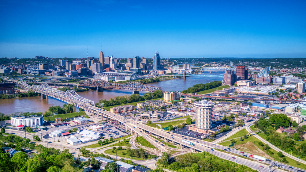 Aerial View of Covington Kentucky and Downtown Cincinnati from Devou Park