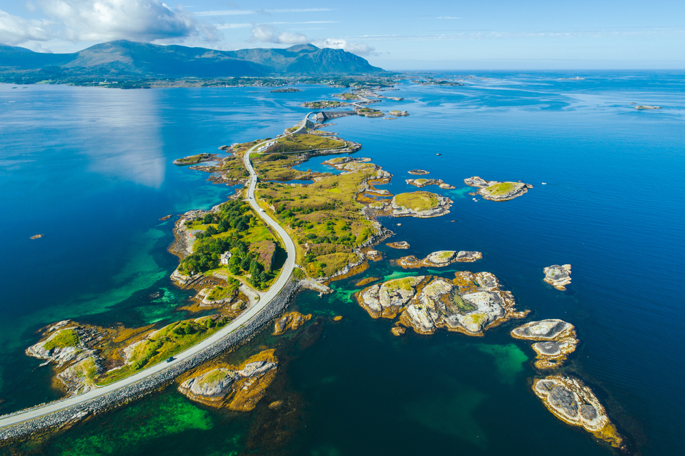 Aerial summer view of scenic Atlantic Ocean Road (Atlanterhavsveien)  in Norway