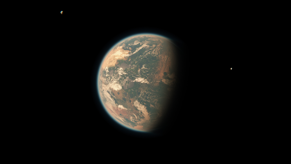 Habitable Earth Like Planet with Large Land Mass and Two Moons in Space - Livable Exoplanet with Dual Moon Orbiting Red Dwarf System | Alien Life in Universe - 3D Rendering