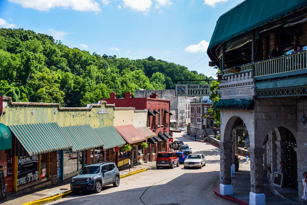 Eureka Springs, Arkansas, USA - July 5, 2021: Historic downtown Eureka Springs, AR, with boutique shops and famous buildings.