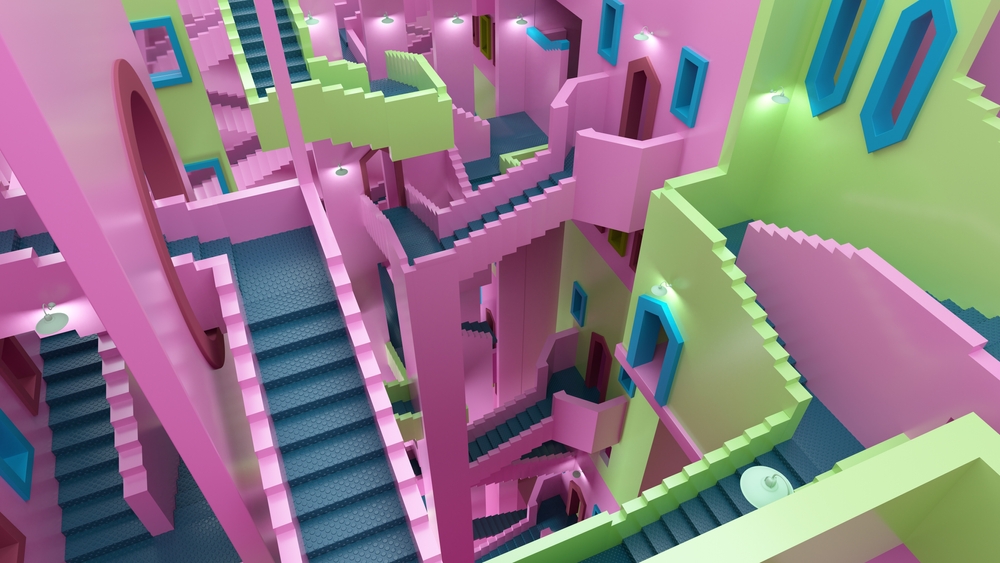 Colorful intricate buildings and stairs. Abstract shapes mazes. The scenery is similar to the TV series "Squid Game". 3d rendering