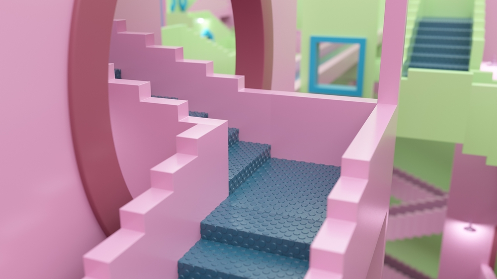 Colorful intricate buildings and stairs. Abstract shapes mazes. The scenery is similar to the TV series "Squid Game". 3d rendering