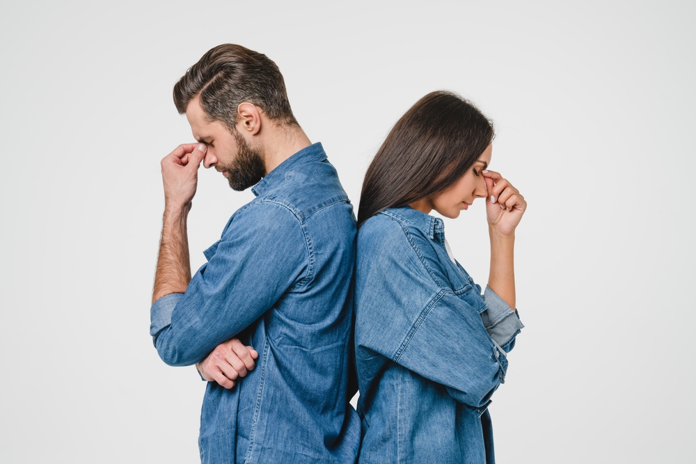 Misunderstanding between partners in relationship. Breakup, abuse between spouses. Girlfriend and boyfriend arguing, having marriage divorce, scandal, cheating isolated in white background